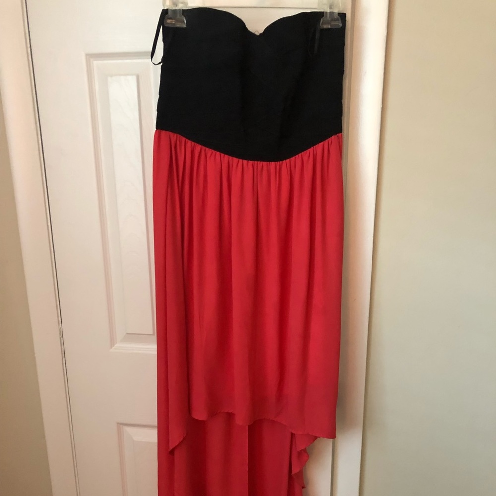 High low dress, black and coral